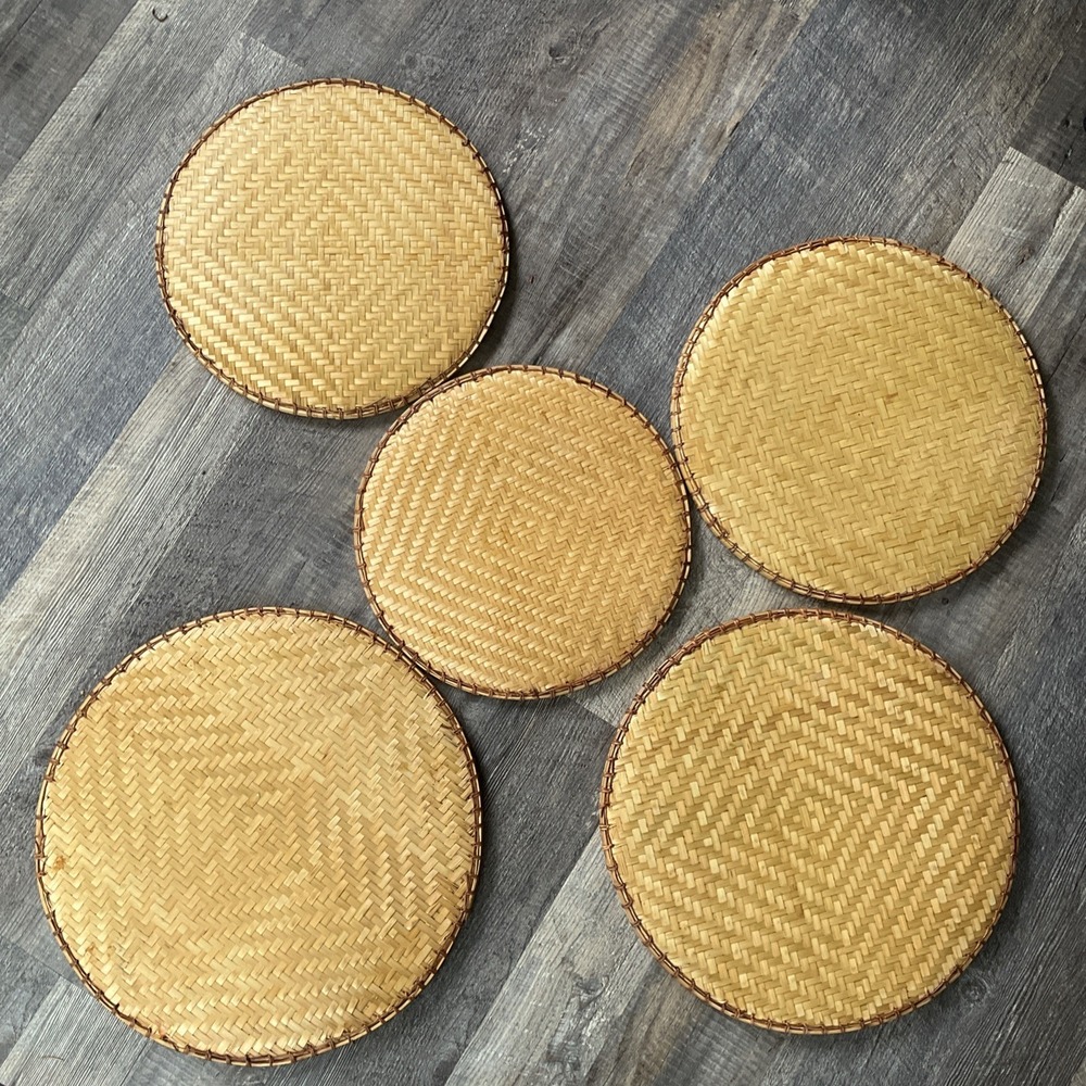 Rattan 5 Piece nesting Asian Food Rice Tray plates Traditional Wicker Serving - Picture 14 of 16